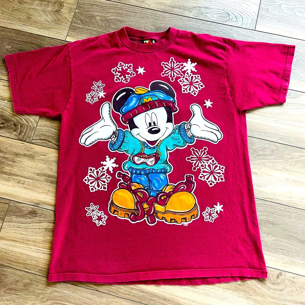 Vintage Mickey Mouse Unlimited Jerry Leigh T-Shirt, Red, Winter Christmas Party